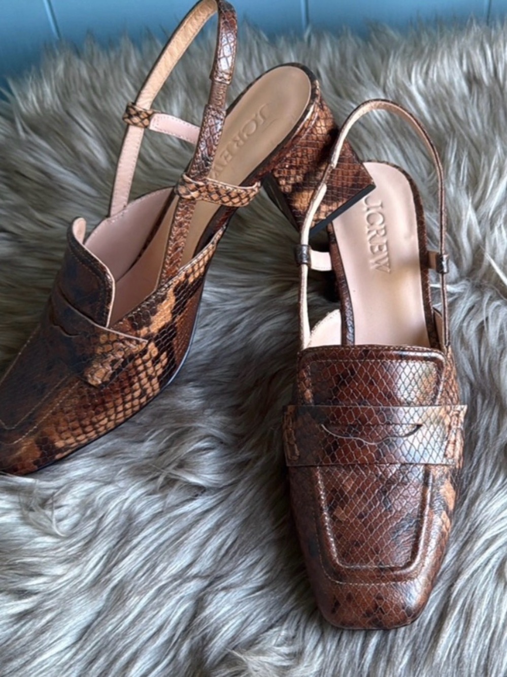 J. Crew Brown Snake-Print Slingback Loafers